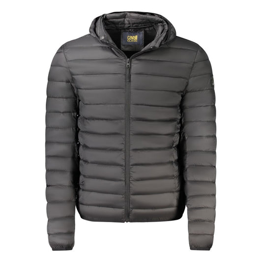 Hooded Windbreaker Jacket by Cavalli Class for men in polyester black showcases a modern silhouette, integrating pockets, hooded & windproof and a modern hooded neckline for a sophisticated finish.