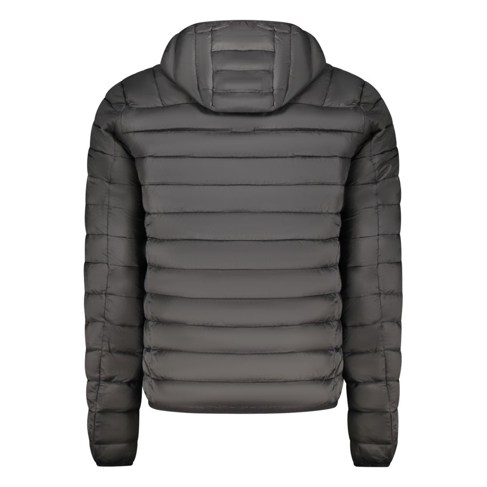 Hooded Windbreaker Jacket by Cavalli Class for men in polyester black features an stylish silhouette, showcasing a sophisticated hooded neckline and performance-driven pockets, hooded & windproof for a premium, stylish look.