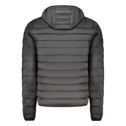 Hooded Windbreaker Jacket by Cavalli Class for men in polyester black features an stylish silhouette, showcasing a sophisticated hooded neckline and performance-driven pockets, hooded & windproof for a premium, stylish look.