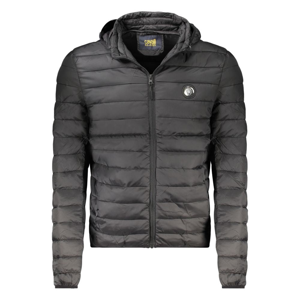 Hooded Windbreaker Jacket by Cavalli Class for men in polyester black features an stylish silhouette, showcasing a sophisticated hooded neckline and performance-driven pockets, hooded & windproof for a premium, stylish look.
