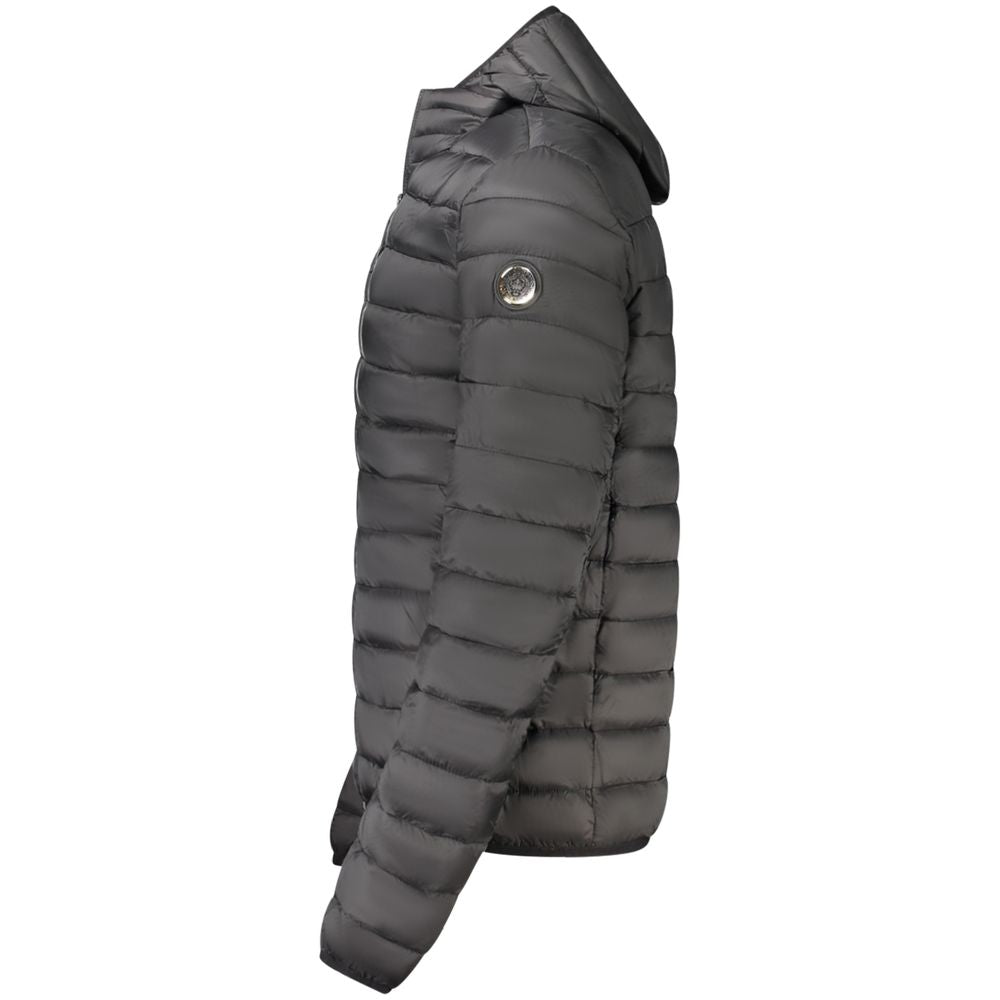 Hooded Windbreaker Jacket by Cavalli Class for men in polyester black & signature features an enduring silhouette, showcasing technical pockets, hooded & windproof and a sophisticated for a truly enduring aesthetic.