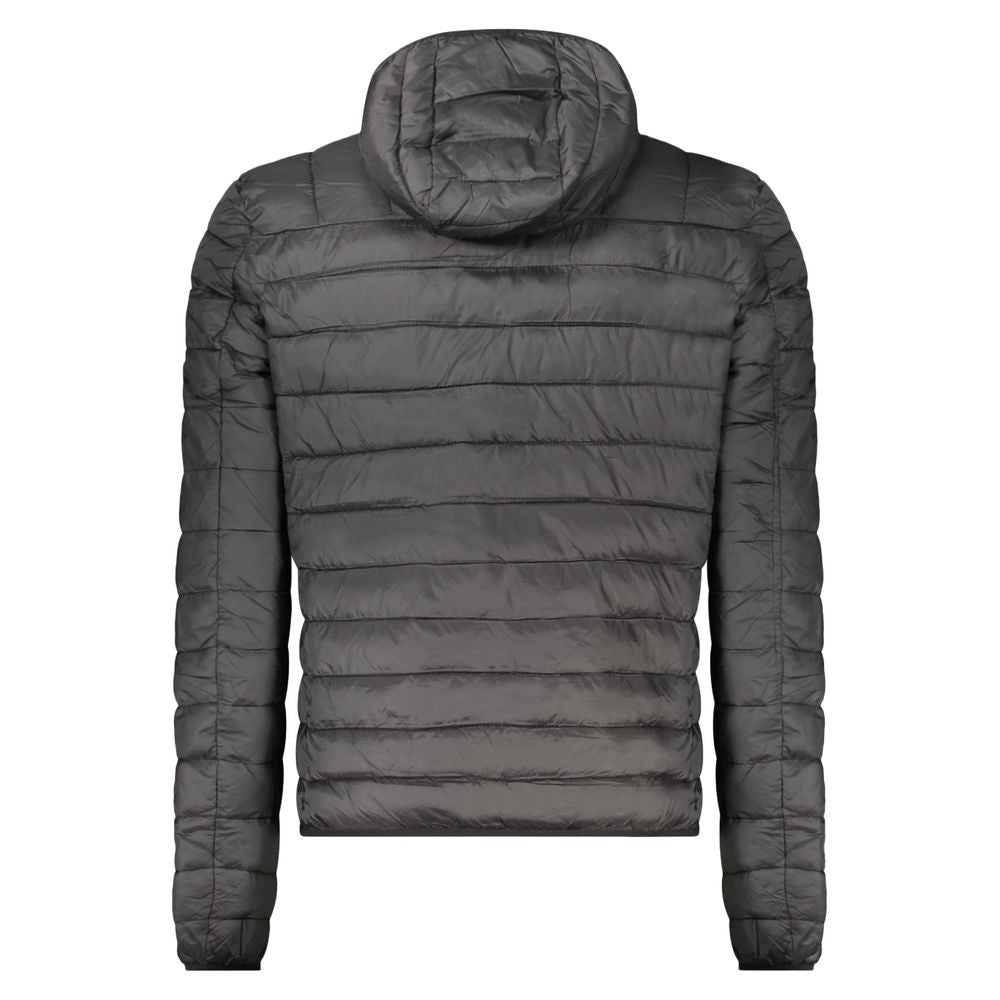 Hooded Windbreaker Jacket by Cavalli Class for men in polyester black features an enduring silhouette, showcasing technical pockets, hooded & windproof and a sophisticated for a truly enduring aesthetic.