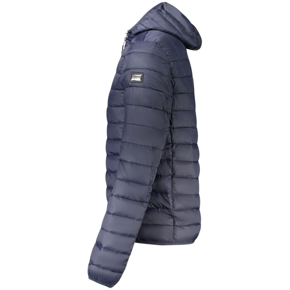 Hooded Windbreaker Jacket by Cavalli Class for men in polyester blue features an magnificent silhouette, showcasing the sophisticated and functional lightweight, pockets, hooded & windproof for a premium, magnificent look.