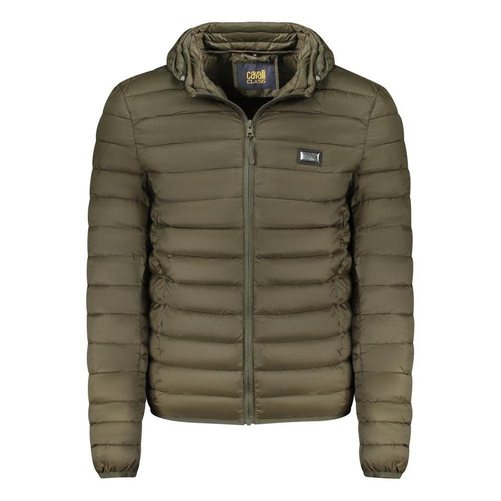 Hooded Windbreaker Jacket by Cavalli Class for men in polyester green features an stylish silhouette, showcasing a sophisticated hooded neckline and performance-driven pockets, hooded & windproof for a premium, stylish look.