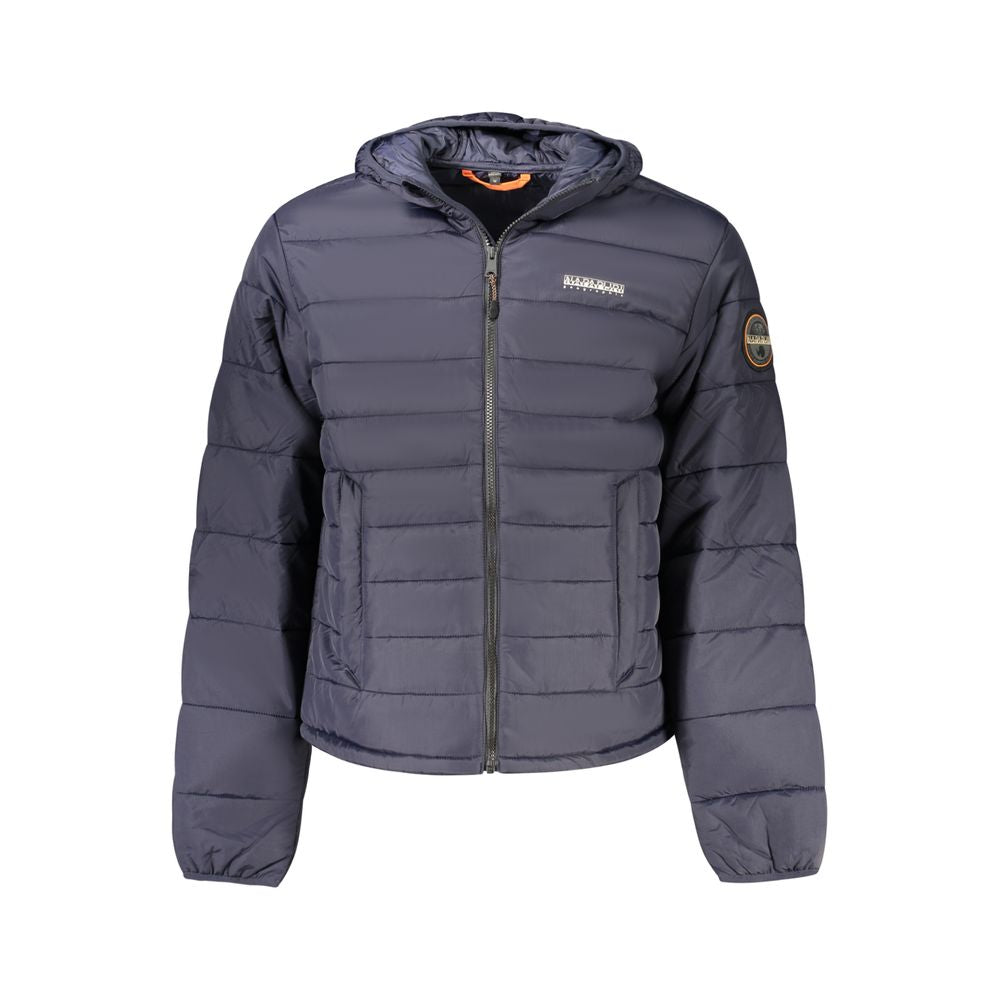 Hooded Windbreaker Jacket by Napapijri for men in polyamide blue & print features an perennial silhouette with a refined hooded neckline and perennial pockets, hooded & windproof for a sophisticated weather-resistant look.