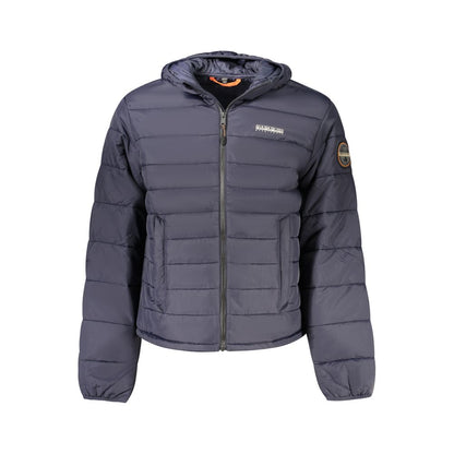 Hooded Windbreaker Jacket by Napapijri for men in polyamide blue & print features an perennial silhouette with a refined hooded neckline and perennial pockets, hooded & windproof for a sophisticated weather-resistant look.