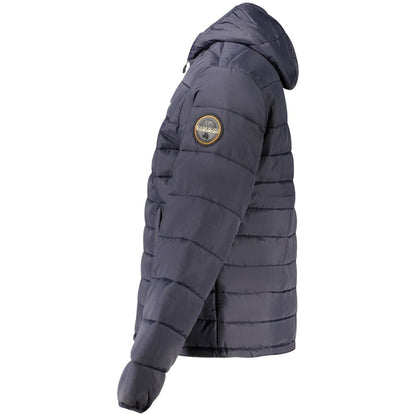 Hooded Windbreaker Jacket by Napapijri for men in polyamide blue & print presents a resilient silhouette, artfully detailed with a sophisticated and functional pockets, hooded & windproof for a resilient finish.