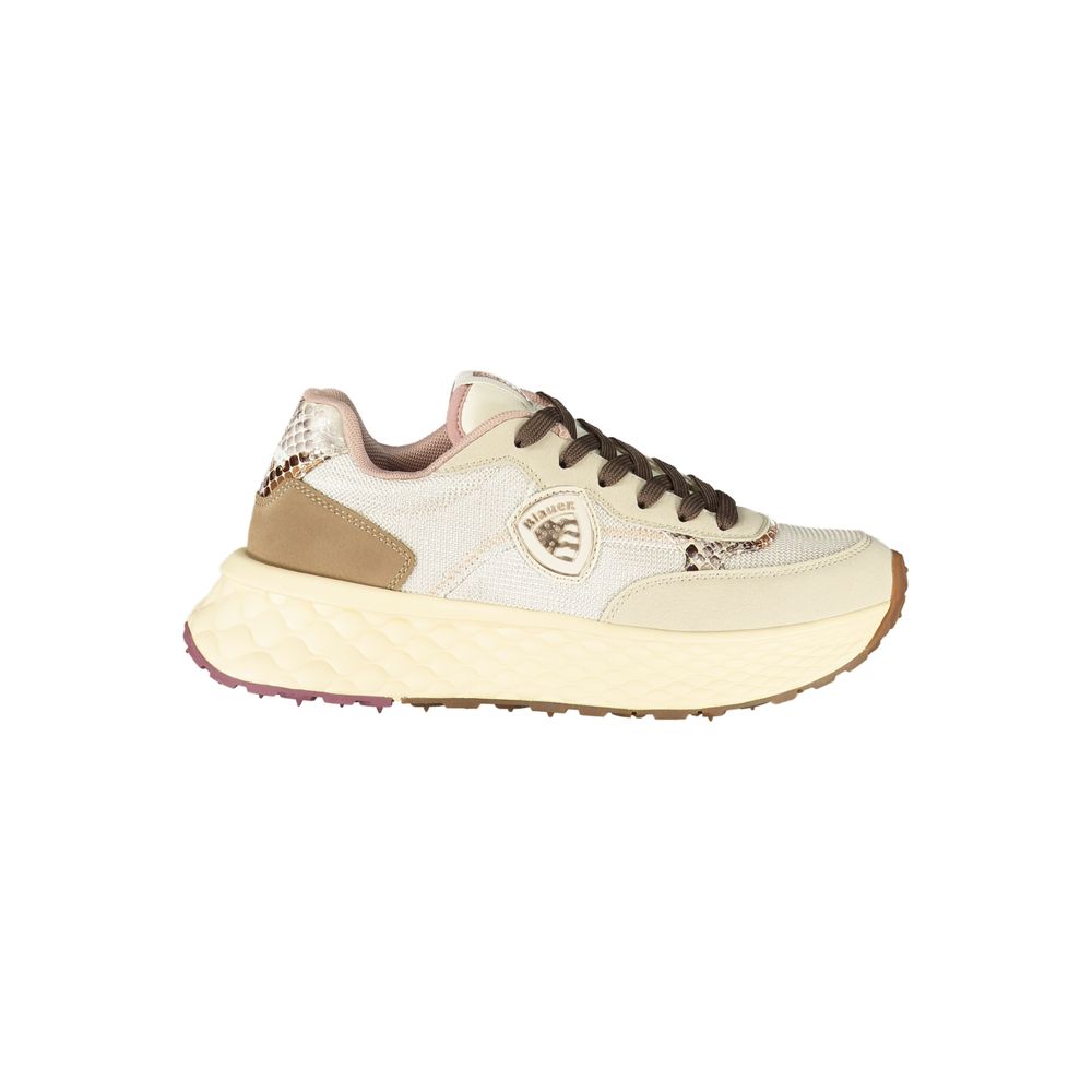 Athletic Sneakers by Blauer for women in polyester polyurethane leather beige & print features an architectural silhouette, showcasing the premium athletic style of the City Women's Athletic Polyester Polyurethane Leather Sneakers with an architectural finish.
