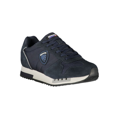 Athletic Sneakers by Blauer for men in polyester polyurethane leather blue & signature features an architectural silhouette from the Men's Athletic Polyester Polyurethane Leather Sneakers collection, showcasing a architectural athletic style for a architectural look.