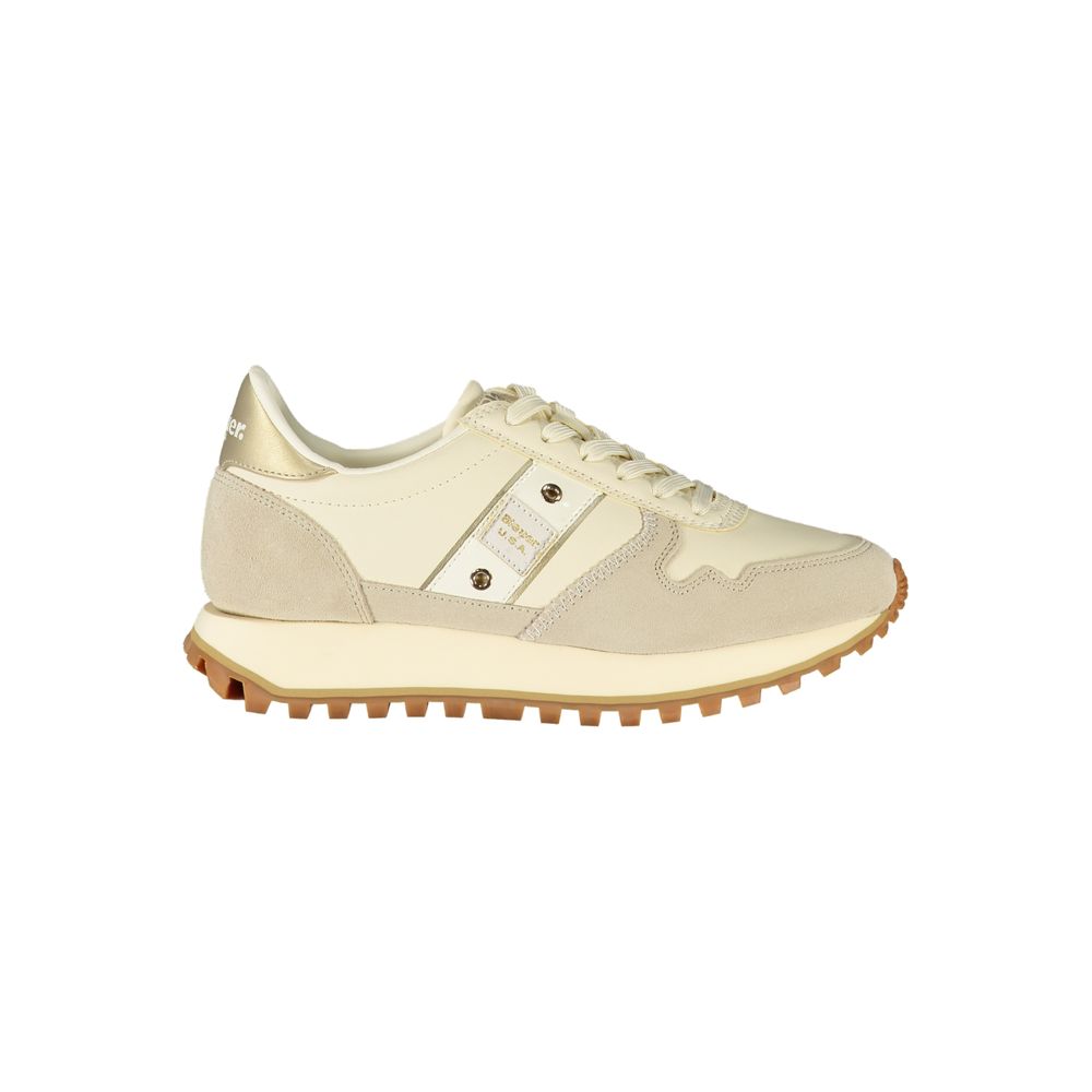 Athletic Sneakers by Blauer for women in polyester polyethylene leather beige & gold showcases a architectural silhouette, artfully capturing the essence of the Women's Athletic Polyester Polyethylene Leather Sneakers with its signature architectural athletic style construction.
