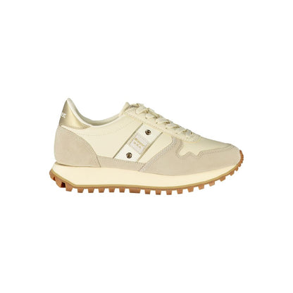 Athletic Sneakers by Blauer for women in polyester polyethylene leather beige & gold showcases a architectural silhouette, artfully capturing the essence of the Women's Athletic Polyester Polyethylene Leather Sneakers with its signature architectural athletic style construction.
