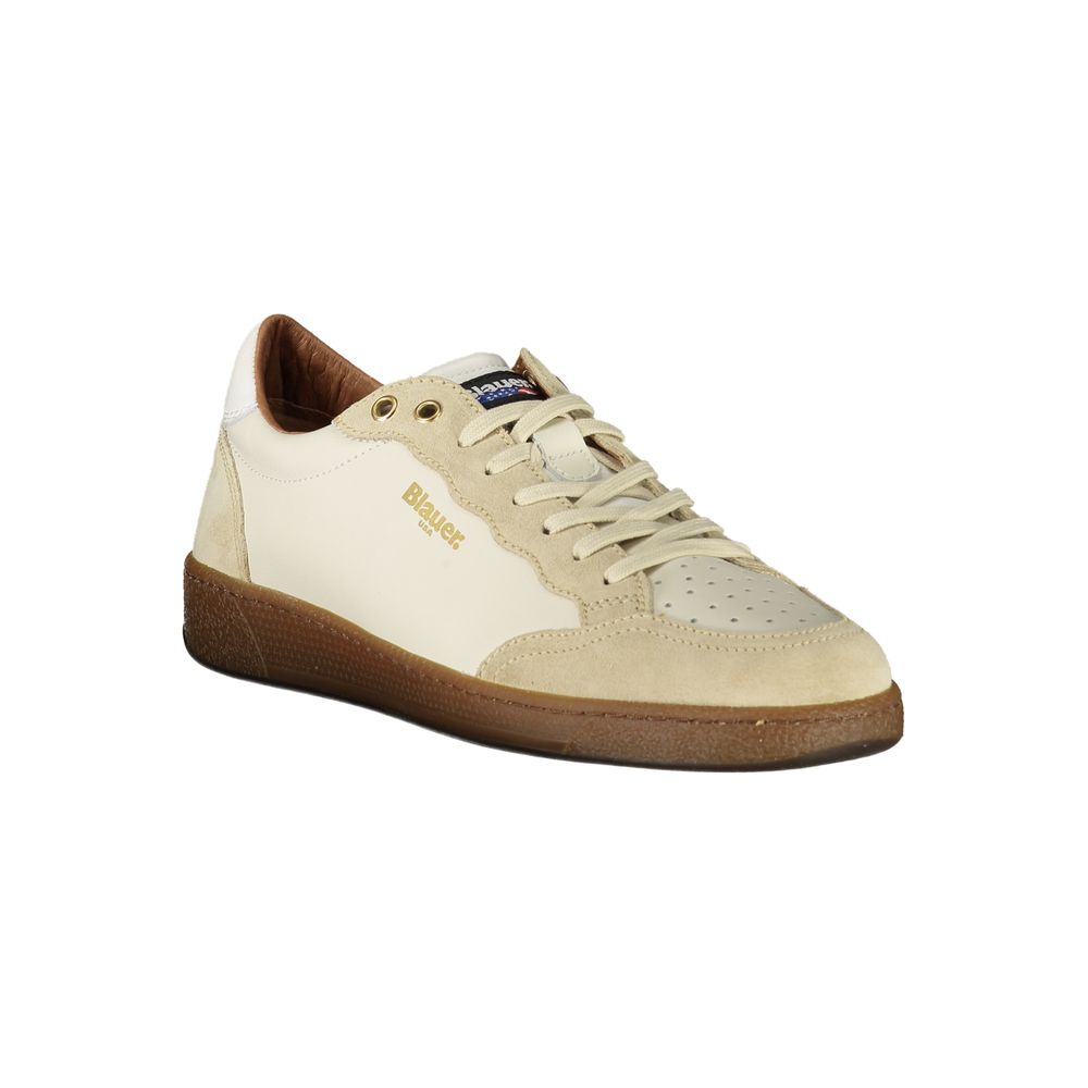 Athletic Sneakers by Blauer for men in polyester polyurethane leather white, signature & print features an architectural silhouette, showcasing the premium athletic style of the Men's Athletic Polyester Polyurethane Leather Sneakers with an architectural finish.
