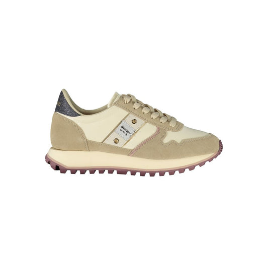 Athletic Sneakers by Blauer for women in polyester polyethylene leather beige & print features an architectural silhouette, showcasing the premium athletic style of the Women's Athletic Polyester Polyethylene Leather Sneakers with an architectural finish.