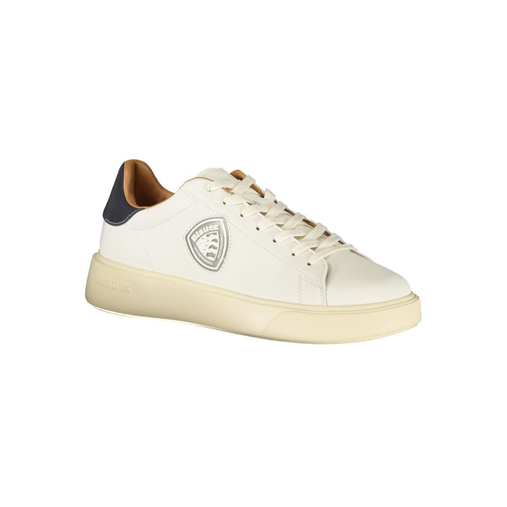 Sneakers by Blauer for men in polyester polyethylene leather blue, white & print presents a sumptuous silhouette, artfully capturing the essence of the Crisp Men's Low-Top Polyester Polyethylene Leather Sneakers with its sumptuous low-top style design.