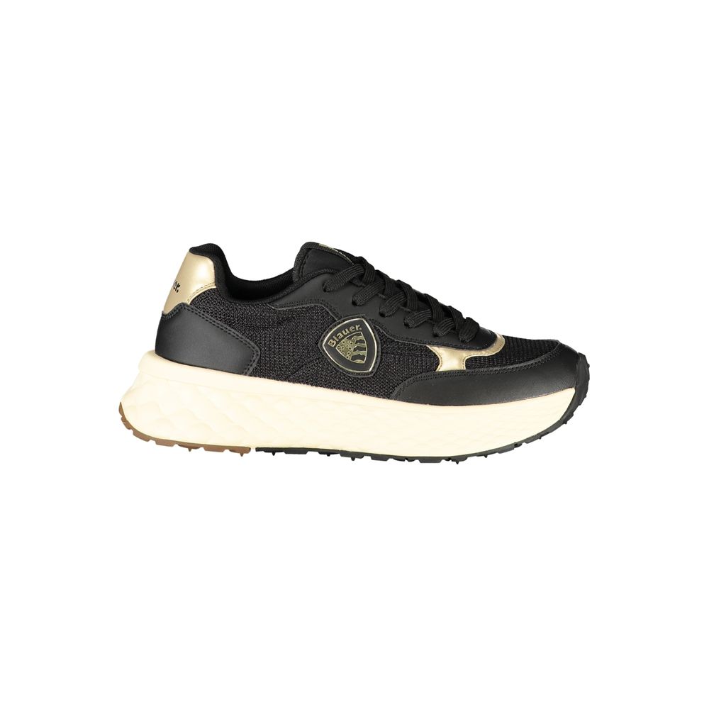 Athletic Sneakers by Blauer for women in polyester polyethylene leather black & gold features an architectural silhouette, showcasing the premium athletic style of the The Blend Women's Athletic Polyester Polyethylene Leather Sneakers with an architectural finish.