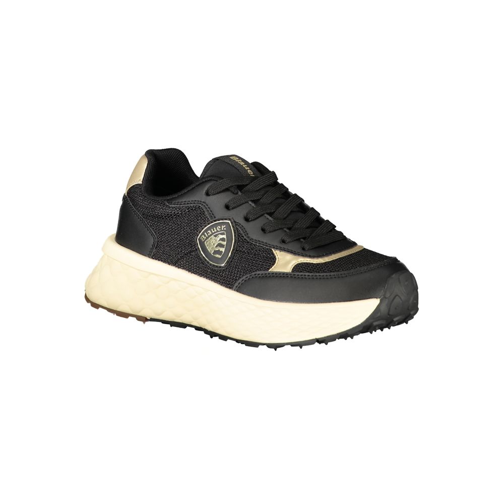Athletic Sneakers by Blauer for women in polyester polyethylene leather black & gold presents a sleek silhouette, perfectly capturing the athletic style essence of The Blend Women's Athletic Polyester Polyethylene Leather Sneakers with its sleek design and premium finish.