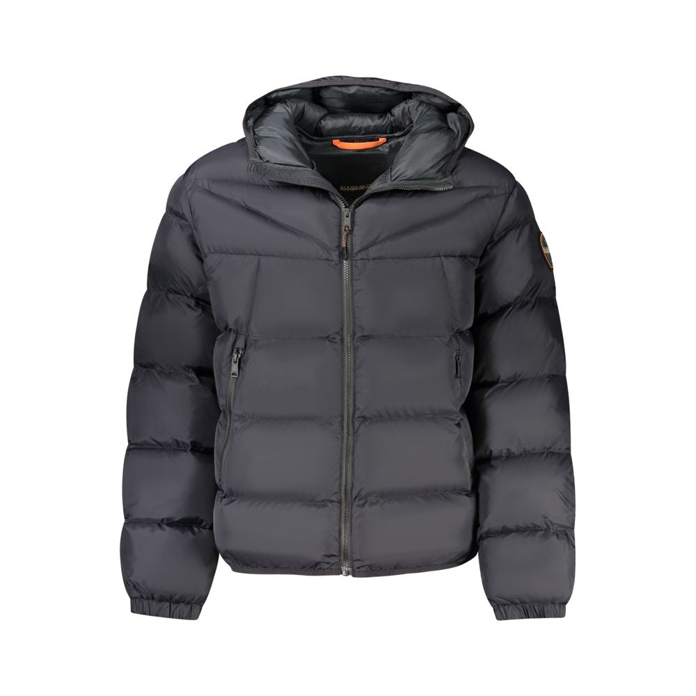 Hooded Windbreaker Jacket by Napapijri for men in polyamide black & signature showcases a urban chic silhouette, detailed with a urban chic hooded neckline and functional pockets, hooded & windproof for a polished finish.