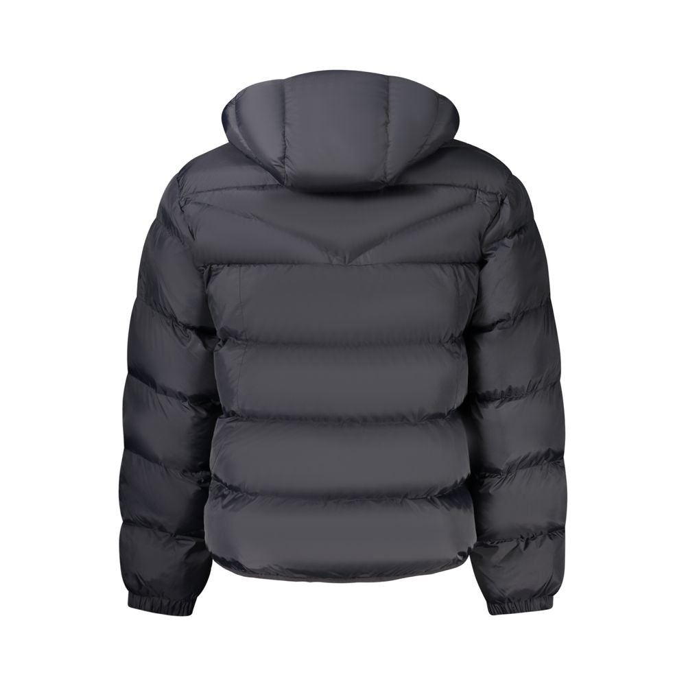 Hooded Windbreaker Jacket by Napapijri for men in polyamide black & signature presents a resilient silhouette, artfully detailed with a sophisticated hooded neckline and functional pockets, hooded & windproof for a resilient finish.