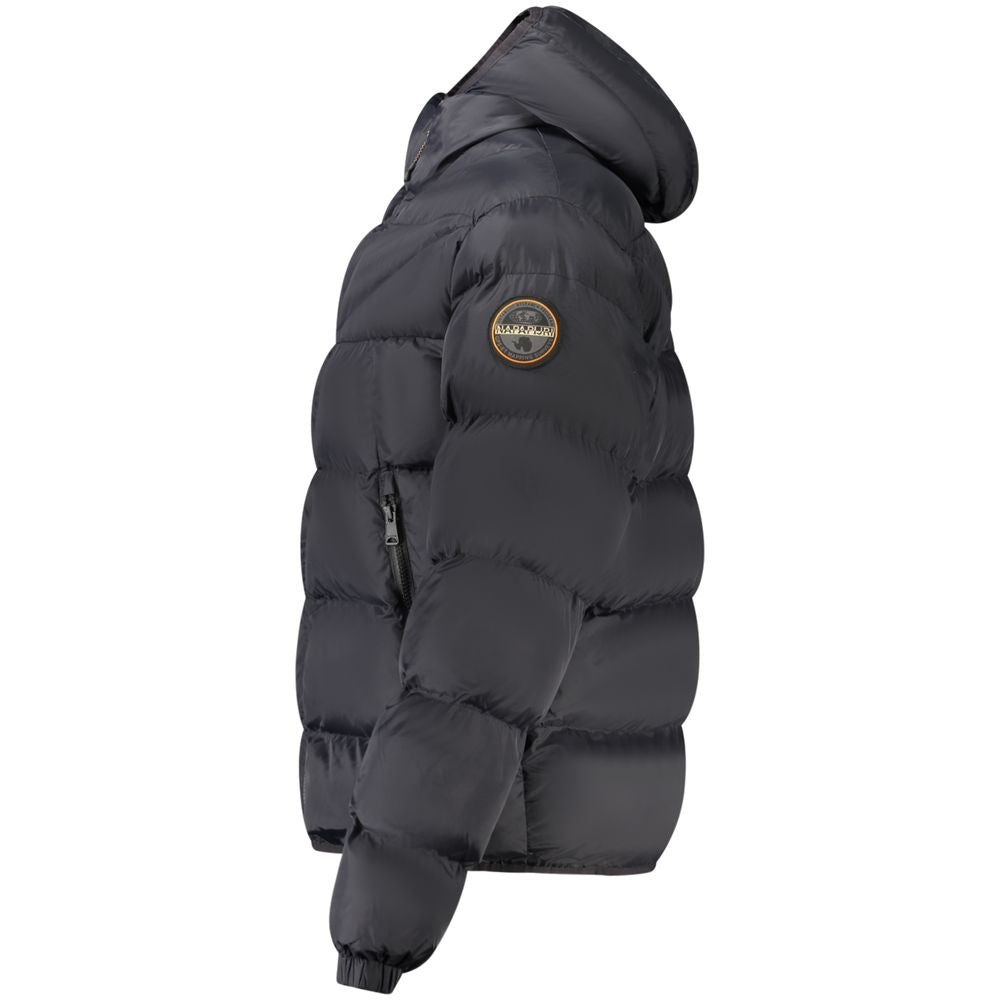 Hooded Windbreaker Jacket by Napapijri for men in polyamide black features an perennial silhouette with a refined and perennial pockets, hooded & windproof for a sophisticated weather-resistant look.