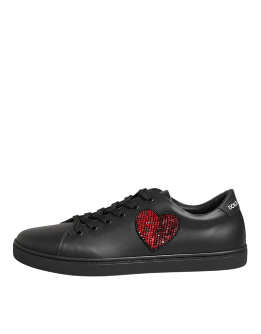 Dolce & Gabbana Heart Women's Low Top Calf Leather Crystal & Rubber Sneakers - Black Red Patterned