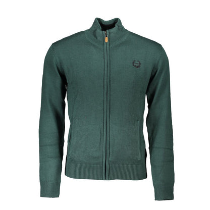 Cardigan by Gianmarco Venturi for men in cotton green features a dramatic silhouette, showcasing a sophisticated and dramatic long-sleeve detail for a timeless, premium look.