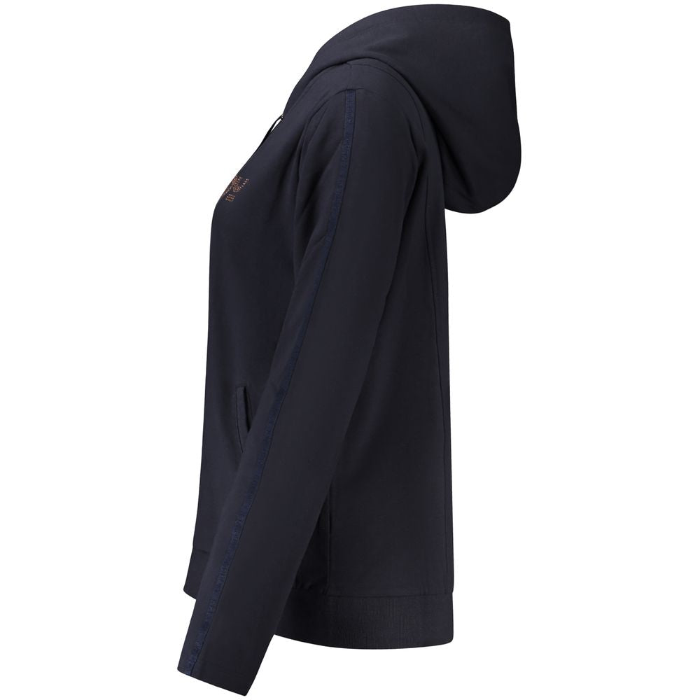 Hooded Sweatshirt Hoodie by Freddy for women in stretch cotton & rhinestone blue features a slouchy chic silhouette, detailed with a slouchy chic and a signature for an elevated aesthetic.