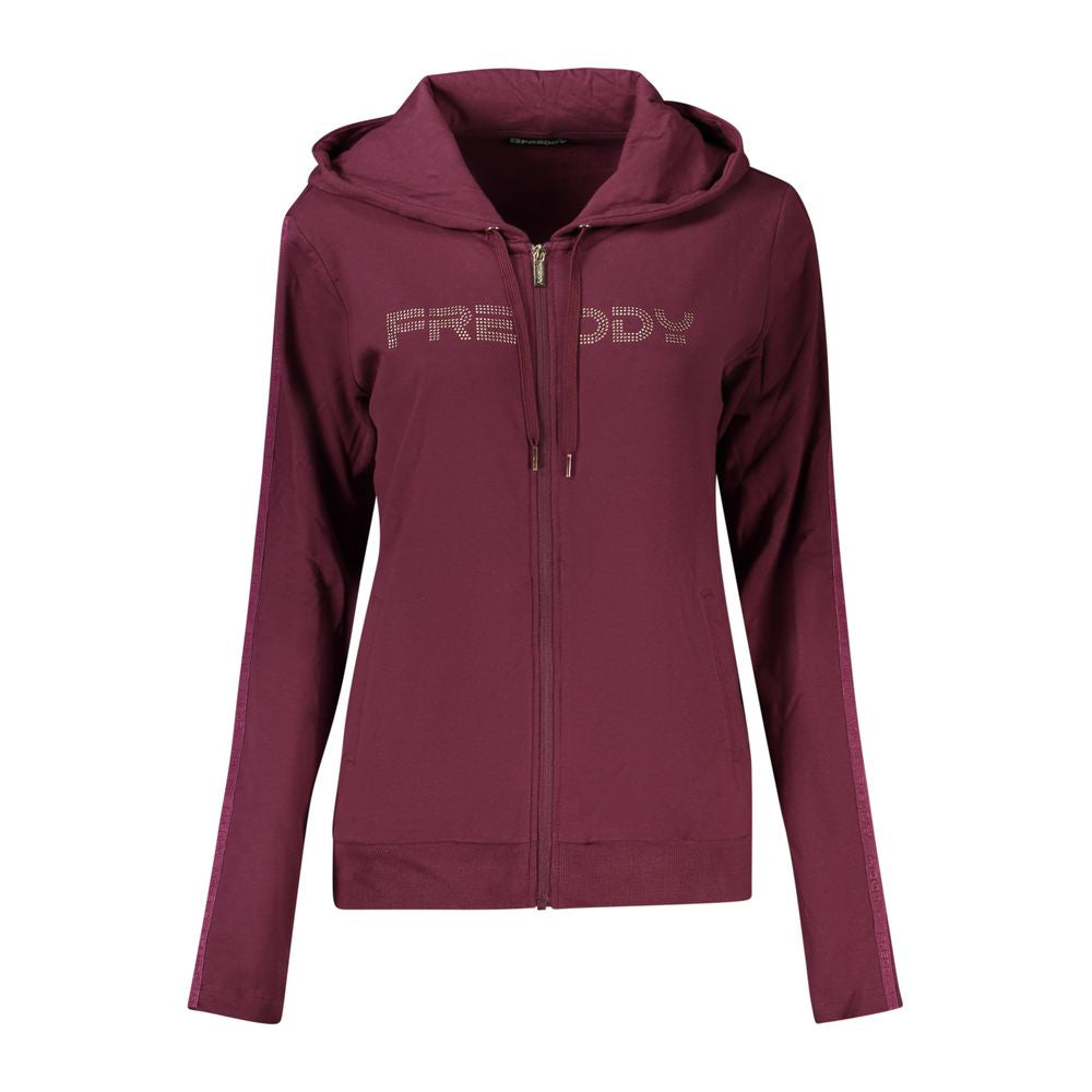 Hooded Sweatshirt Hoodie by Freddy for women in stretch cotton & rhinestone purple features an dramatic silhouette, showcasing a sophisticated hooded neckline and dramatic for a refined, modern aesthetic.