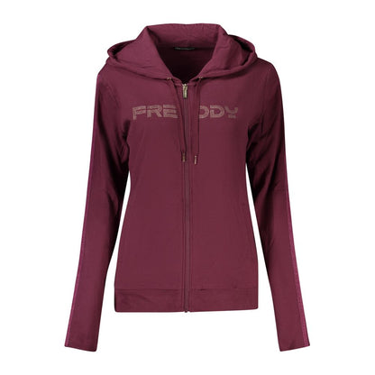 Hooded Sweatshirt Hoodie by Freddy for women in stretch cotton & rhinestone purple features an dramatic silhouette, showcasing a sophisticated hooded neckline and dramatic for a refined, modern aesthetic.