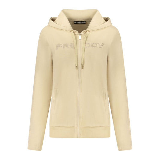 Hooded Sweatshirt Hoodie by Freddy for women in stretch cotton & rhinestone beige features an avant-garde silhouette, showcasing a sophisticated hooded neckline and detail for a truly avant-garde finish.