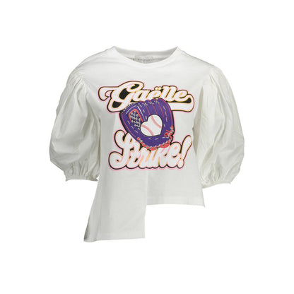 T-Shirt by Gaelle Paris for women in cotton white showcases a dramatic silhouette, elegantly detailed with a dramatic round neckline and three-quarter-sleeve for a truly dramatic finish.