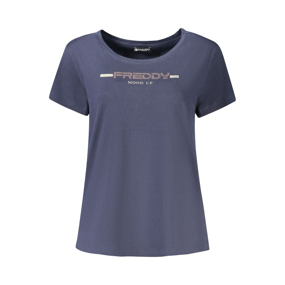 T-Shirt by Freddy for women in cotton & rhinestone blue & print features a plush silhouette, showcasing a sophisticated wide-neck neckline and for a truly plush finish.