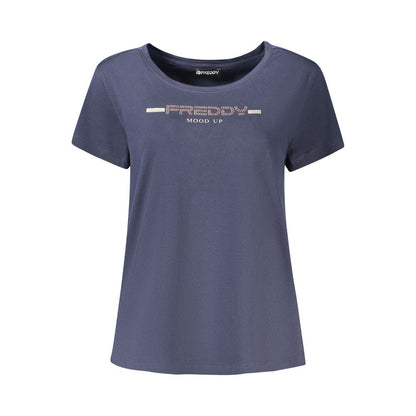 T-Shirt by Freddy for women in cotton & rhinestone blue & print features a plush silhouette, showcasing a sophisticated wide-neck neckline and for a truly plush finish.