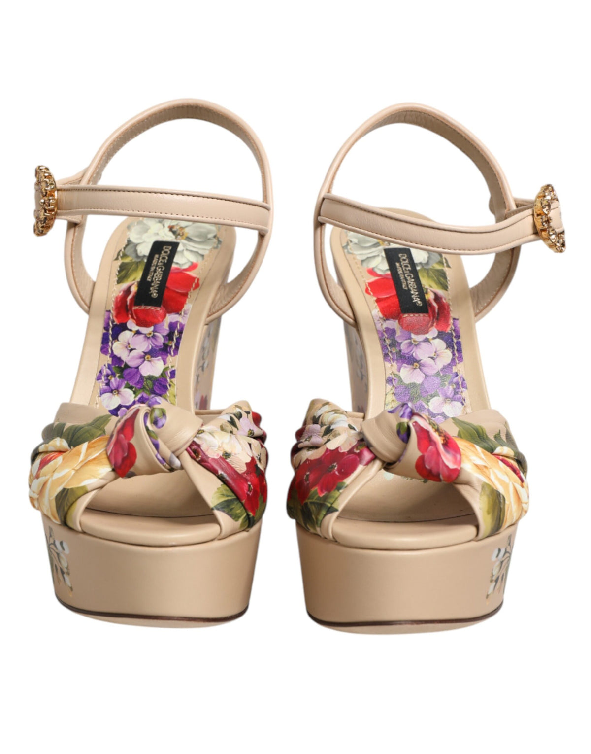 Dolce & Gabbana Women's Goat & Calf Leather Wedge Ankle Strap Sandals - Beige Floral
