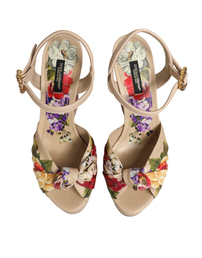 Dolce & Gabbana Women's Goat & Calf Leather Wedge Ankle Strap Sandals - Beige Floral