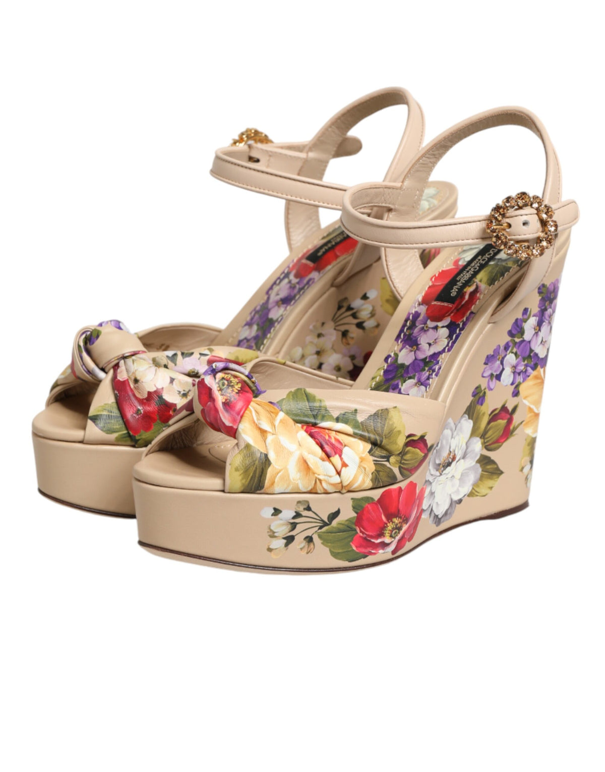 Dolce & Gabbana Women's Goat & Calf Leather Wedge Ankle Strap Sandals - Beige Floral