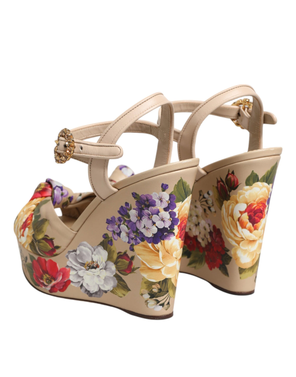 Dolce & Gabbana Women's Goat & Calf Leather Wedge Ankle Strap Sandals - Beige Floral