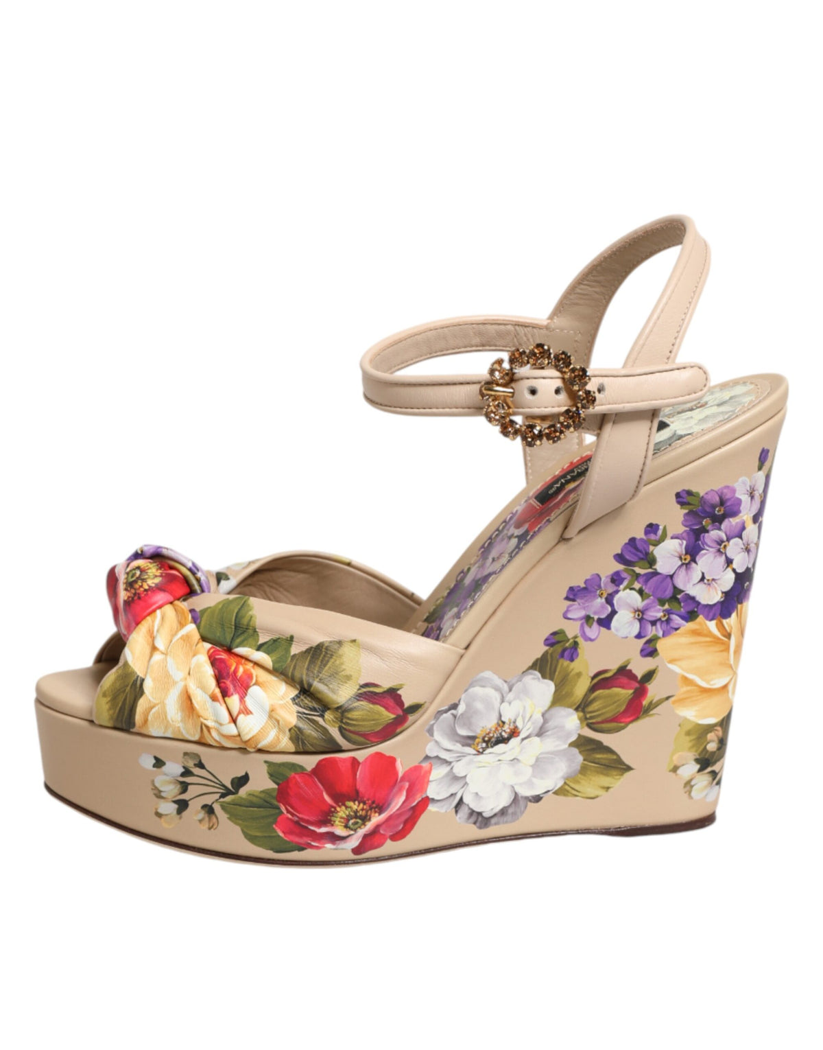 Dolce & Gabbana Women's Goat & Calf Leather Wedge Ankle Strap Sandals - Beige Floral