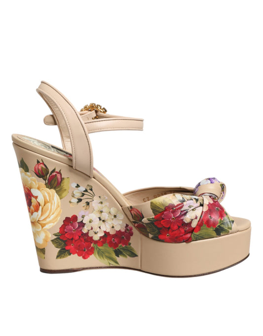 Dolce & Gabbana Women's Goat & Calf Leather Wedge Ankle Strap Sandals - Beige Floral