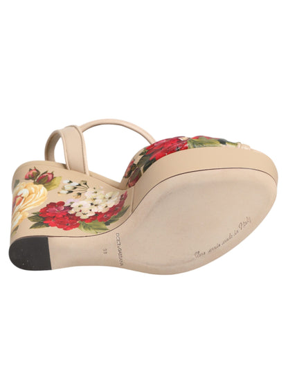 Dolce & Gabbana Women's Goat & Calf Leather Wedge Ankle Strap Sandals - Beige Floral