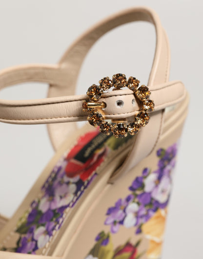 Dolce & Gabbana Women's Goat & Calf Leather Wedge Ankle Strap Sandals - Beige Floral