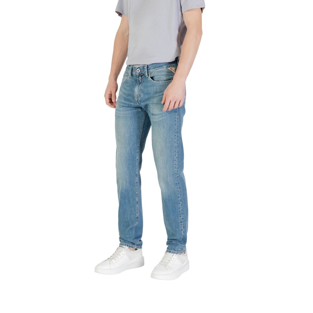 Jeans by Replay for men in denim cotton blue presents a refined pantology silhouette, artfully defined by a refined pantology skinny & slim, long, and a sophisticated .