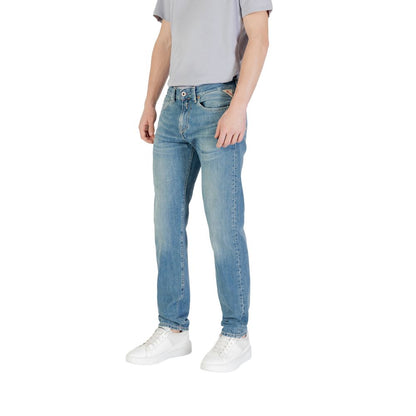 Jeans by Replay for men in denim cotton blue presents a refined pantology silhouette, artfully defined by a refined pantology skinny & slim, long, and a sophisticated .