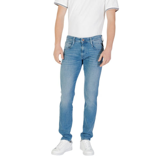 Jeans by Replay for men in stretch denim cotton blue presents a tailored silhouette, showcasing a tailored skinny & slim and cut with a refined for a truly tailored aesthetic.