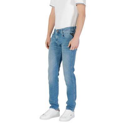 Jeans by Replay for men in stretch denim cotton blue features an sartorial skinny & slim and with a cut for a sartorial finish.