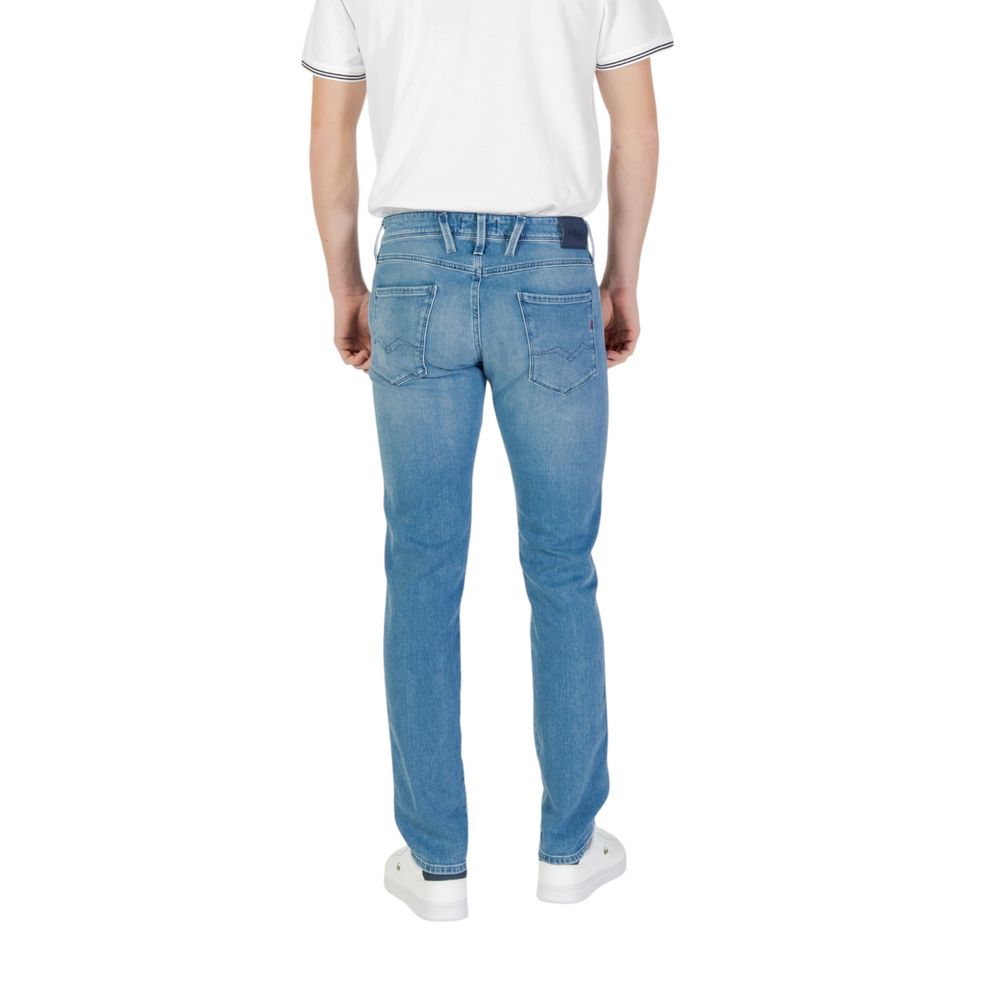 Jeans by Replay for men in stretch denim cotton blue features a polished silhouette with a polished skinny & slim, reaching a polished and finished with a polished .