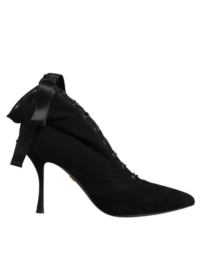 Dolce & Gabbana Women's Viscose & Goat Leather High-Heel Stiletto Lace-Up Ankle Short Boots - Black