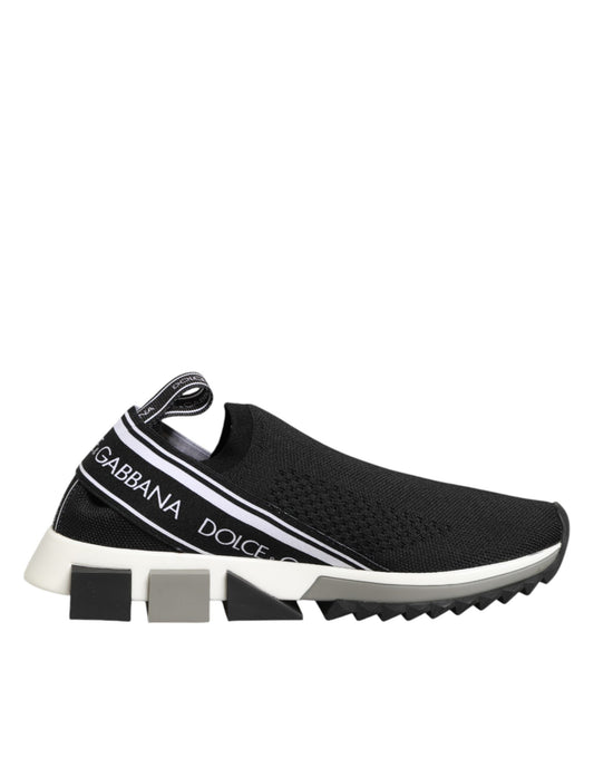 Dolce & Gabbana Women's Low Top Slip On Calf Leather Polyamide Polyester & Cotton Athletic Sneakers - Black Silver Signature