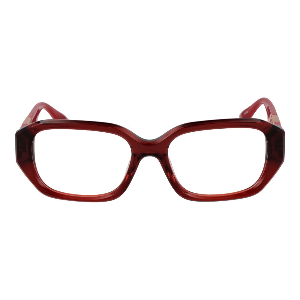Eyeglasses Frames by Trussardi for women in acetate red showcases a reflective silhouette, artfully incorporating a sophisticated red coloured frame with a distinct full-frame frame design.