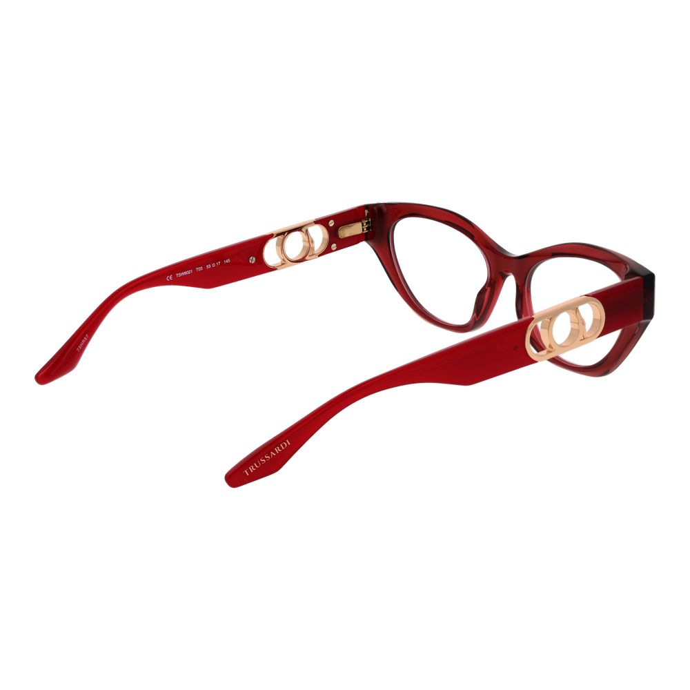 Eyeglasses Frames by Trussardi for women in acetate red showcases a reflective silhouette, artfully incorporating a sophisticated red coloured frame with a distinct full-frame frame design.