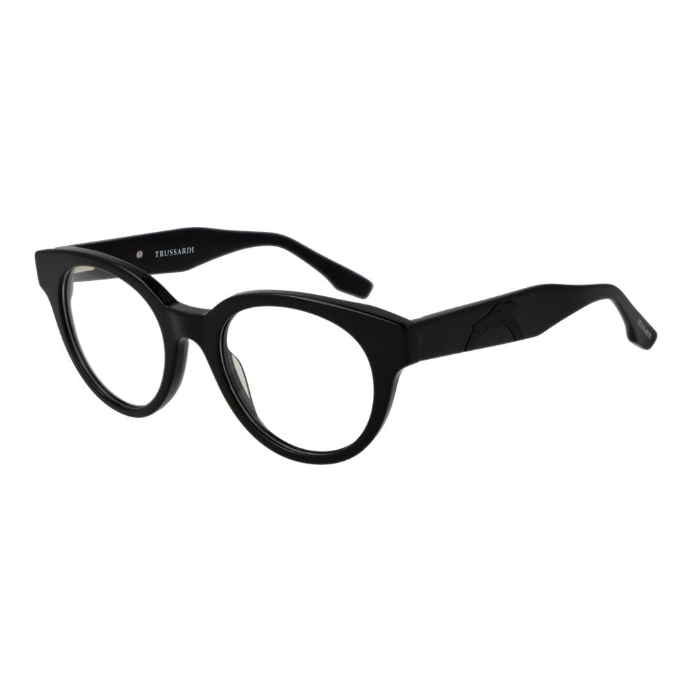 Eyeglasses Frames by Trussardi for unisex in acetate black showcases a reflective silhouette, artfully incorporating a sophisticated black coloured frame with a distinct full-frame frame design.